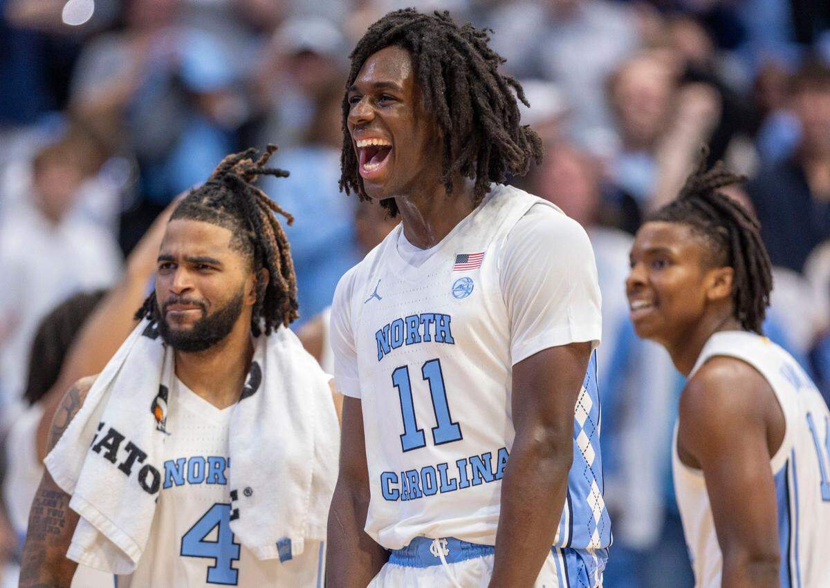 North Carolina forward Ian Jackson (11) reacts after a dunk by reserve player John Holbrook to seal the Tar Heels’ 127-61 victory over Johnson C. Smith on Sunday, October 27, 2024 at the Smith Center in Chapel Hill, N.C.