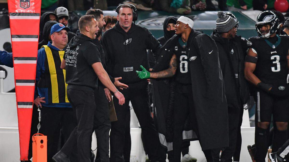 Dec 25, 2023; Philadelphia, Pennsylvania, USA; Philadelphia Eagles wide receiver DeVonta Smith (6) on the sidelines with vice president of player performance Ted Path, defensive ends/outside linebackers coach Jeremiah Washburn and head coach Nick Sirianni against the New York Giants at Lincoln Financial Field.