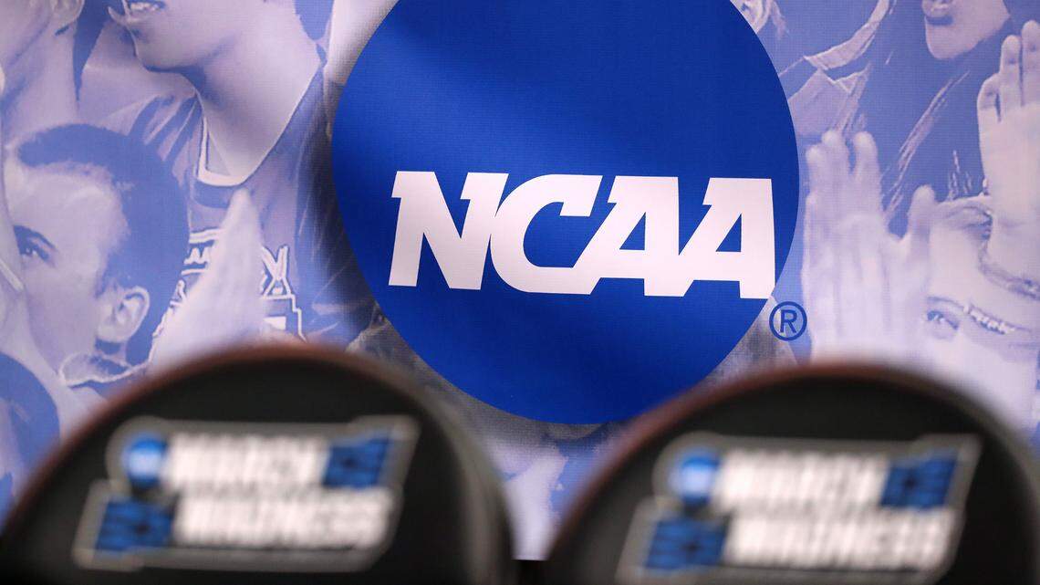 The NCAA logo is seen in the second half of the game between the Northwestern Wildcats and the Vanderbilt Commodores during the first round of the 2017 NCAA Men’s Basketball Tournament at Vivint Smart Home Arena on March 16, 2017 in Salt Lake City, Utah. (Christian Petersen/Getty Images/TNS)
