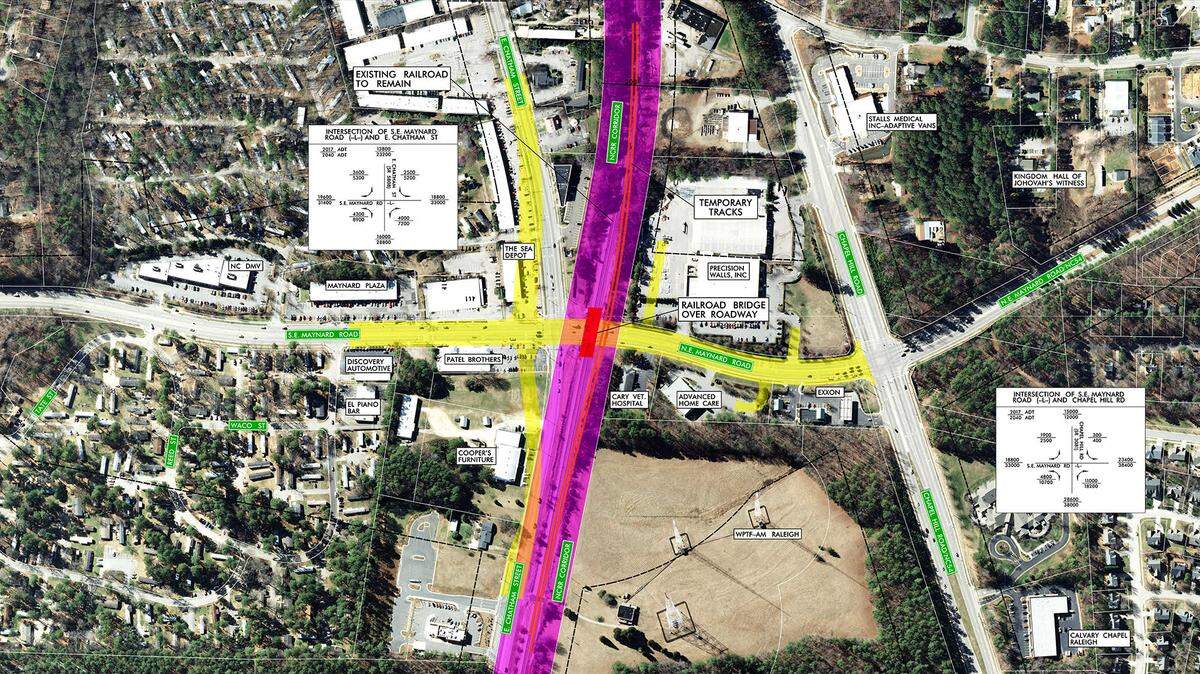 One of two options for closing the Maynard Road rail crossing near East Chatham Street. This option entails building an underpass to carry the road under the railroad tracks.