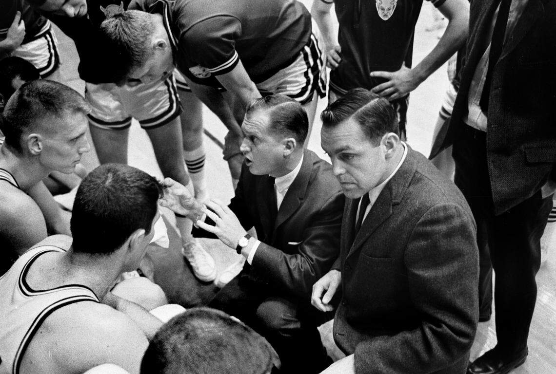 Duke coach Vic Bubas gives instructions to his team during the NC State vs. Duke game on Jan. 7, 1963 at Duke.