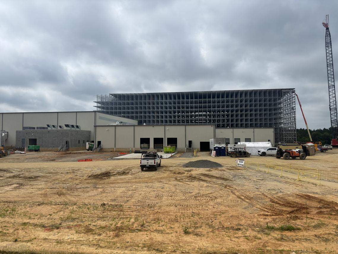 Construction underway on Saint-Gobain’s new fiberglass mat manufacturing and storage facility in Oxford, N.C. on July 9, 2025.