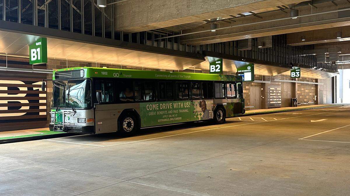 A GoTriangle bus parked in Raleigh Union Bus Station or RUS Bus.