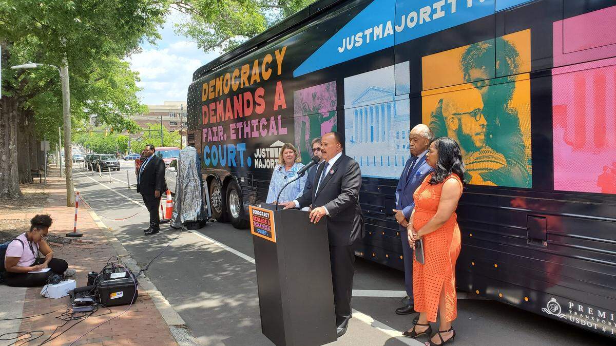 Martin Luther King III speaks to a group of reporters about the need for Supreme Court expansion in Chapel Hill, N.C. on Tuesday, June 13, 2023.