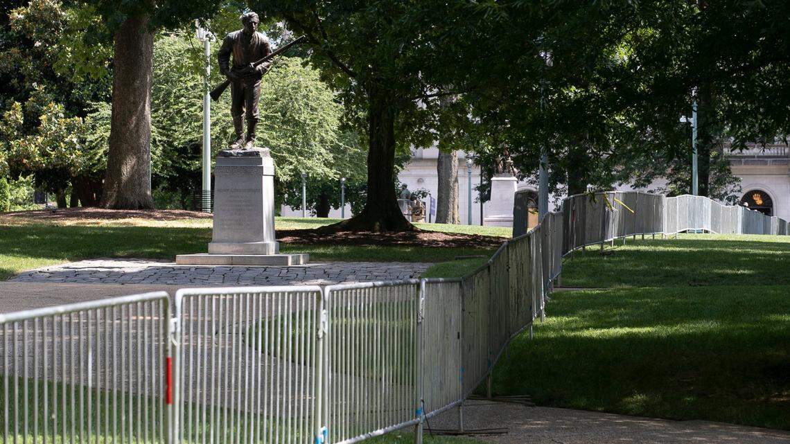 The North Carolina State Capital Police have installed bicycle barriers around the perimeter of the State Capitol Building on Friday, June 12, 2020 in Raleigh, N.C. The barriers protect all of the monuments including Henry Lawson Wyatt, the first Confederate soldier from North Carolina to be killed in battle during the American Civil War.