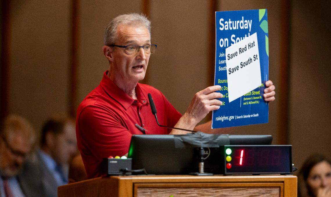 Michael Motsinger, president of the Boylan Heights Neighborhood Association, speaks in opposition of closing South Street during a pubic hearing at the Raleigh City Council meeting on Sept. 17, 2024.