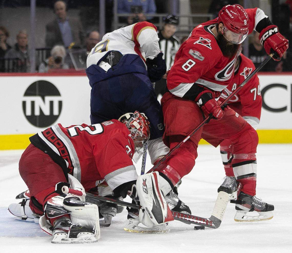 Carolina Hurricanes goalie Antii Raanta (32) covers the puck after a scoring attempt by the Florida Panthers Matthew Tkachuk (19) in the second period during Game 2 of the Eastern Conference Finals on Saturday, May 20, 2023 at PNC Arena in Raleigh, N.C.