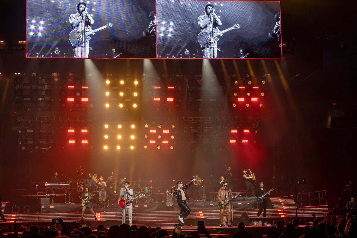The Jonas Brothers take the stage for their “Five Albums, One Night” tour stop at the PNC Arena on Thursday, September 28, 2023 in Raleigh, N.C.