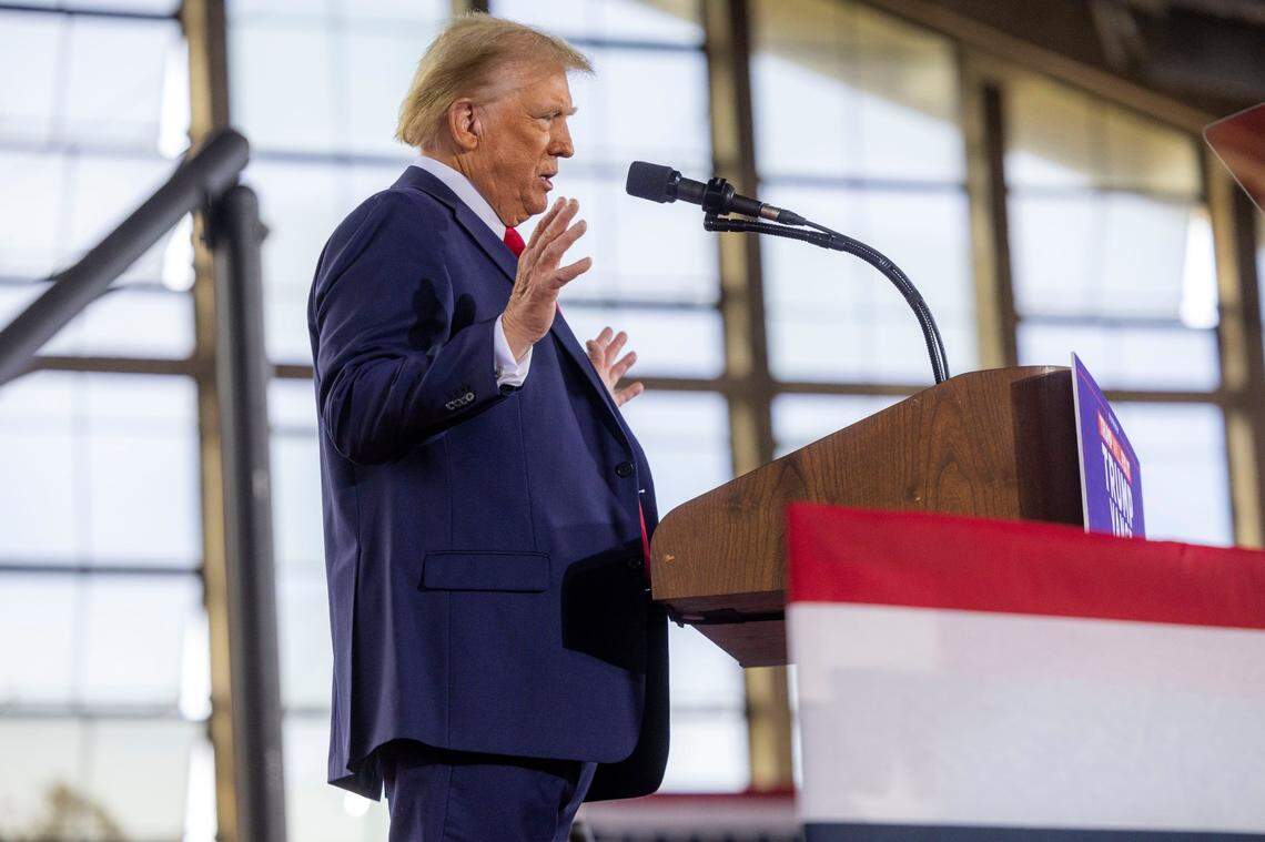Republican presidential nominee and former President Donald Trump speaks during a rally at Dorton Arena in Raleigh on Monday, Nov. 4, 2024, one day before Election Day.