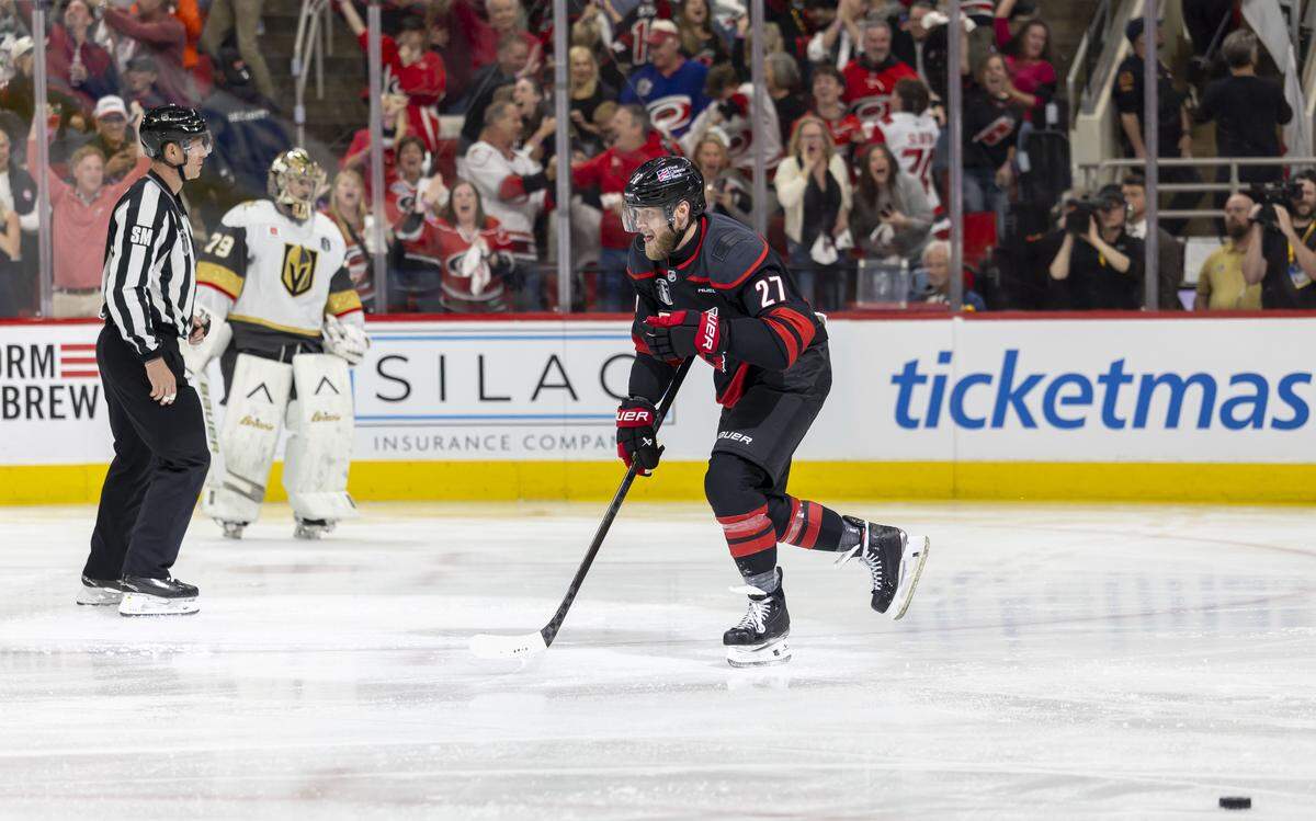 Carolina Hurricanes left wing Nikolaj Ehlers (27) celebrates after scoring to take a 1-0 lead in the first period against Las Vegas,in Game 1 of the Stanley Cup Finals, on Tuesday, June 2, 2026 at Lenovo Center in Raleigh, N.C. 