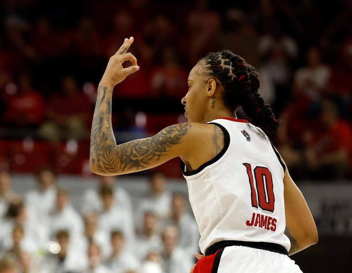 N.C. State’s Aziaha James reacts after knocking down a three-point basket during the second half of the Wolfpack’s 83-49 victory over Michigan State in the second round of the NCAA Tournament on Monday, March 24, 2025, at Reynolds Coliseum in Raleigh, N.C.