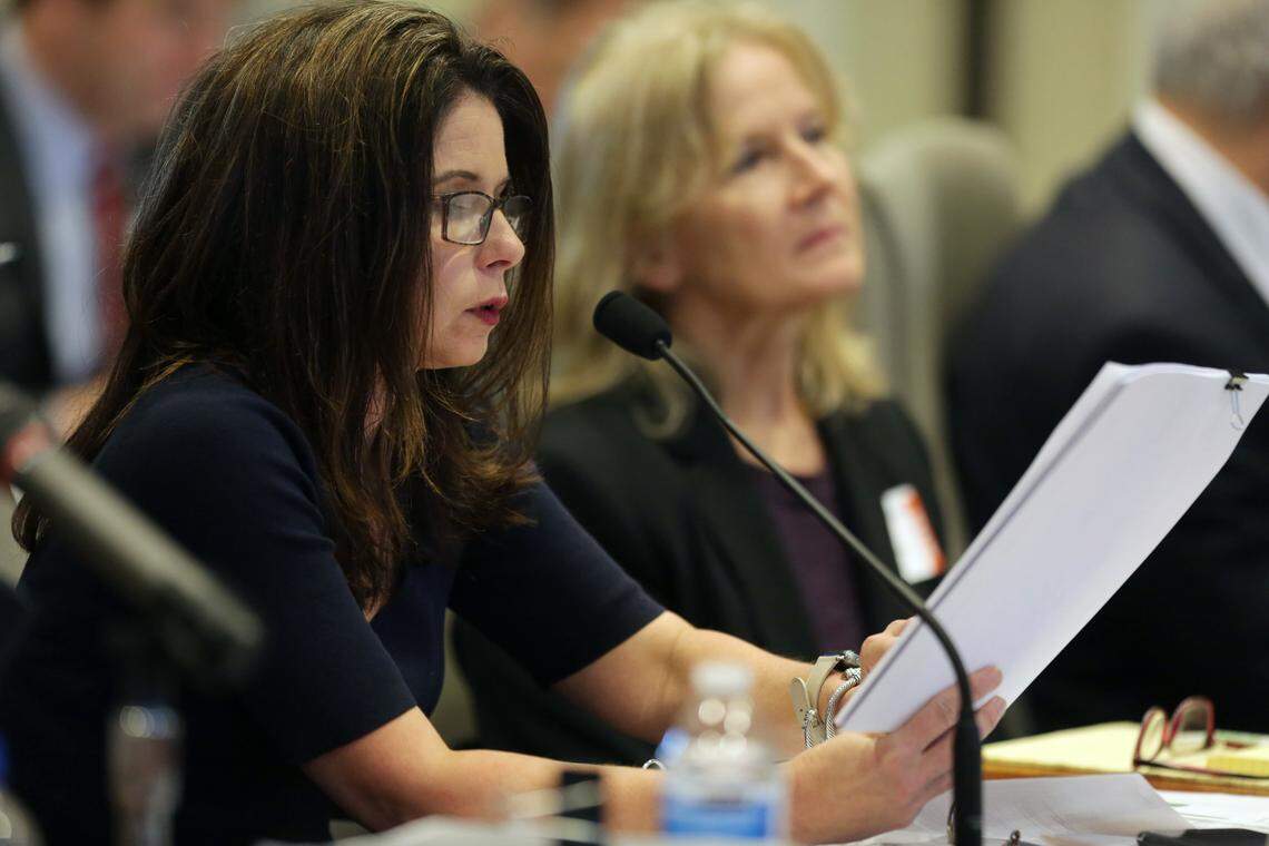 Executive director of the Board of Elections Kim Strach questions the first witness during the public evidentiary hearing on the 9th Congressional District investigation Monday morning, Feb. 18, 2019, at the North Carolina State Bar in Raleigh.