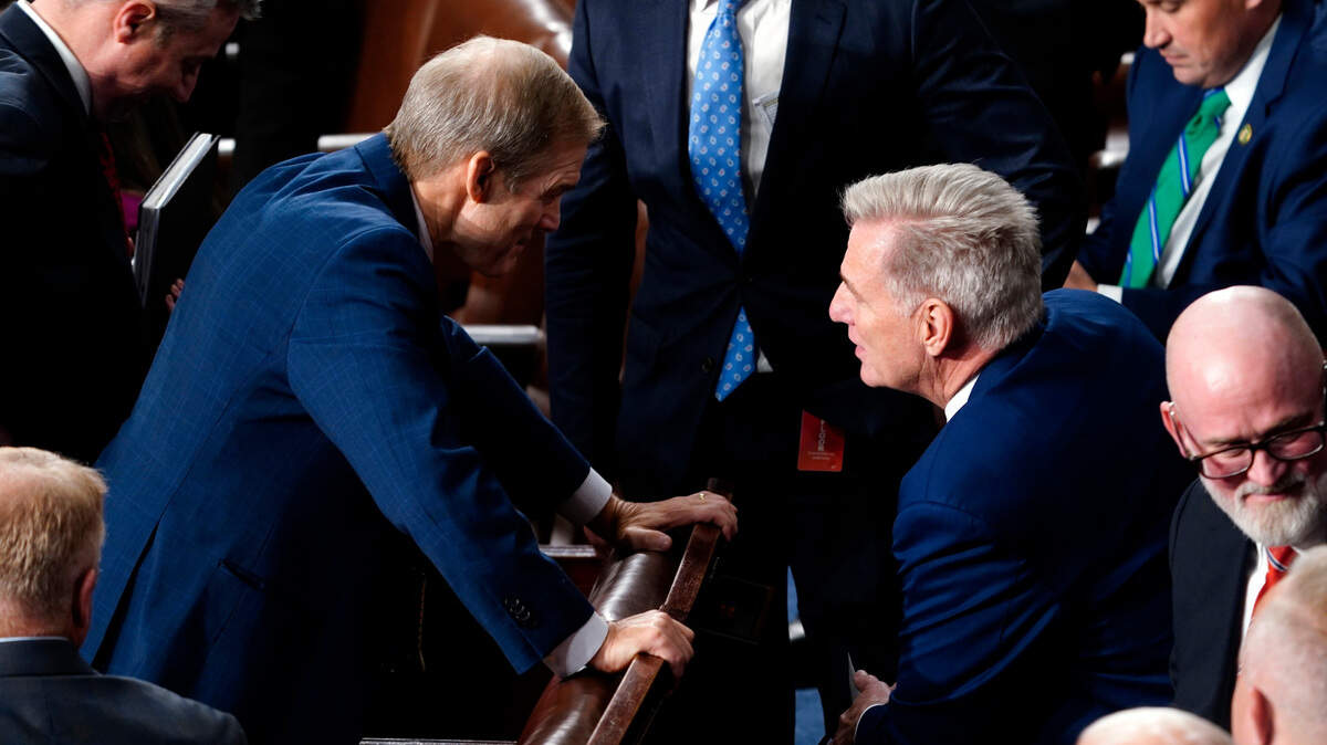 Oct 17, 2023; Washington, DC, USA; Former Speaker of the House Rep. Kevin McCarthy, R-Calif., right, speaks with Rep. Jim Jordan, R-Ohio on the House floor after Jordan failed to win enough votes in the first round of balltoing to become the next speaker in Washington on Tuesday, Oct. 17, 2023. . Mandatory Credit: Jack Gruber-USA TODAY