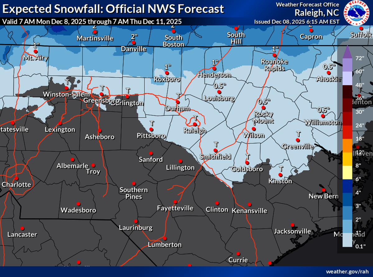 Snow is expected in the Triangle Monday, Dec. 8, according to this National Weather Service Raleigh map issued 6:15 a.m. Monday.