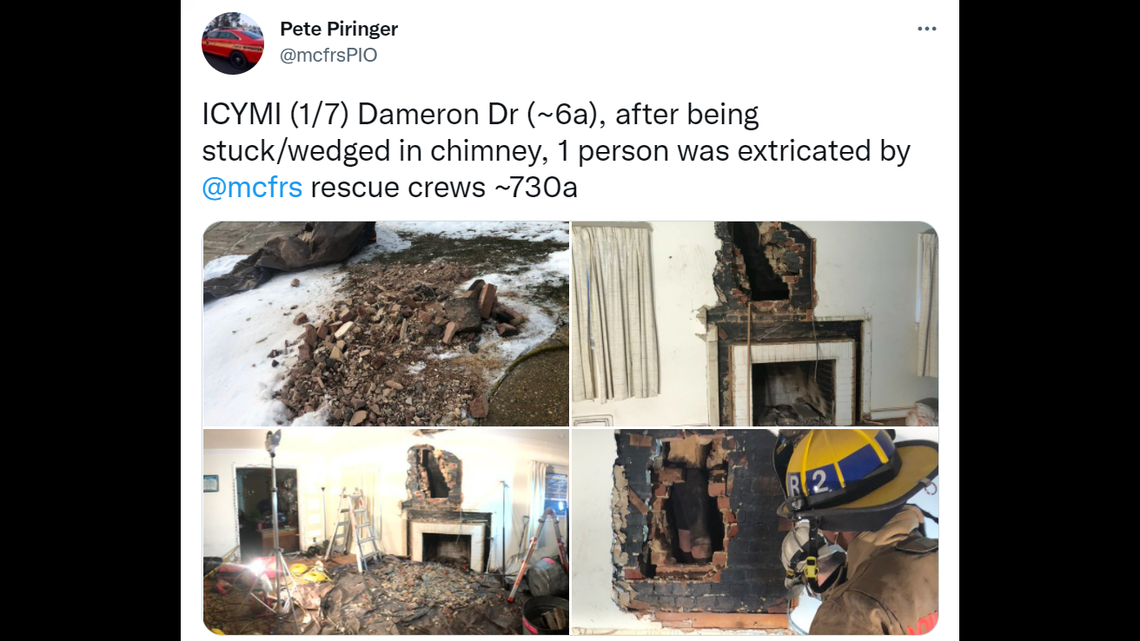 Montgomery County, Maryland, officials said a man was rescued after he got stuck in the chimney of a home that wasn’t his. Photos show bricks ripped from the wall.