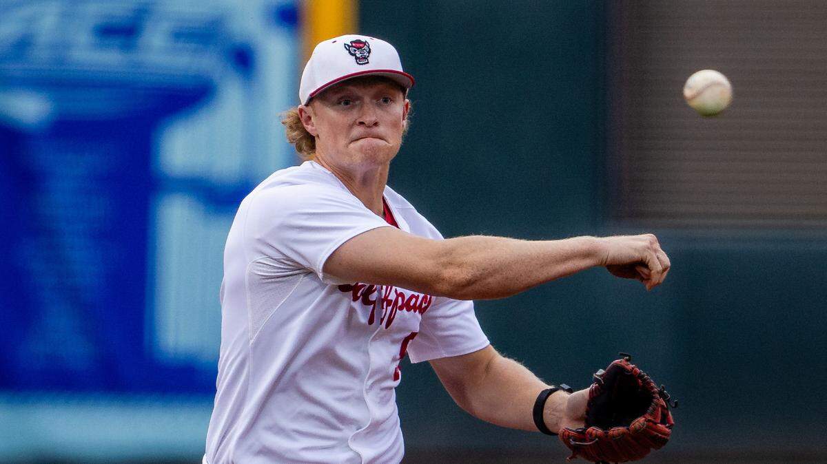 May 23, 2024; Charlotte, NC, USA; NC State Wolfpack infielder Alec Makarewicz (99) throws to first for an out in the first inning against the Duke Blue Devils during the ACC Baseball Tournament at Truist Field. Mandatory Credit: Scott Kinser-USA TODAY Sports