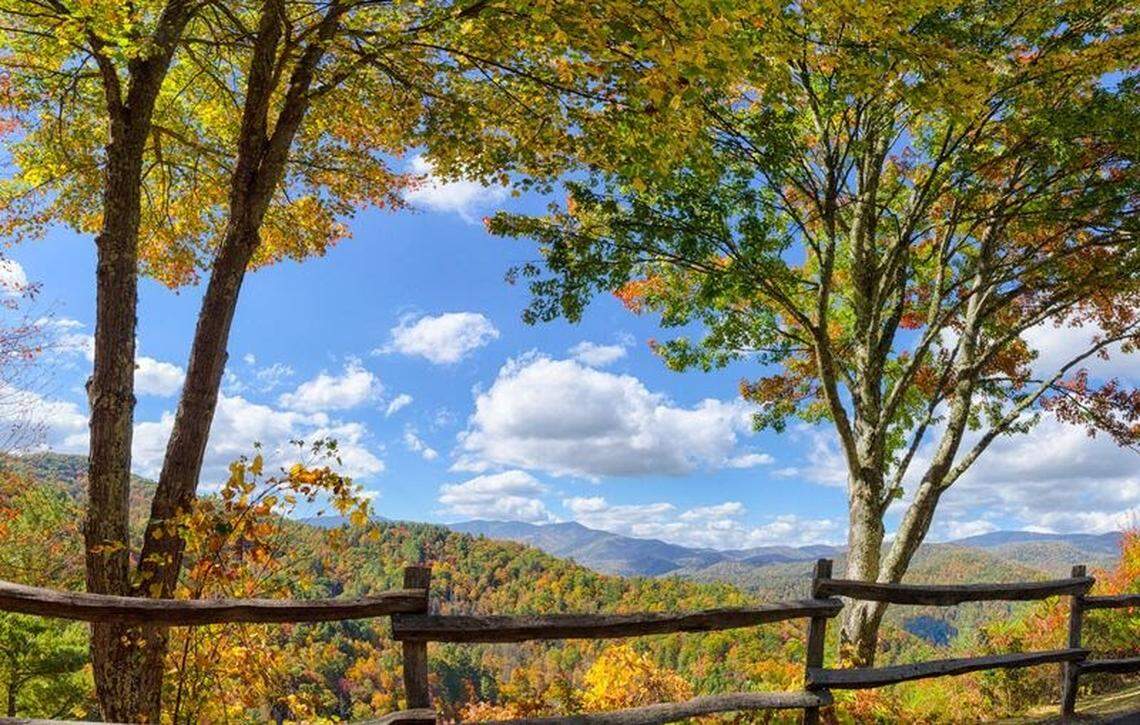 A view from Cataloochee Overlook in the Great Smoky Mountains National Park near Bryson City offers a glimpse of fall color as the leaves change.