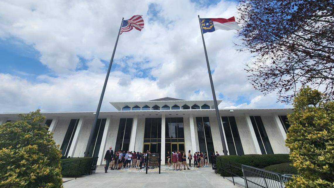 The North Carolina Legislative Building on Jones Street in downtown Raleigh, N.C., where the General Assembly meets, is pictured on Feb. 23, 2023, with several students on field trips gathered out front.