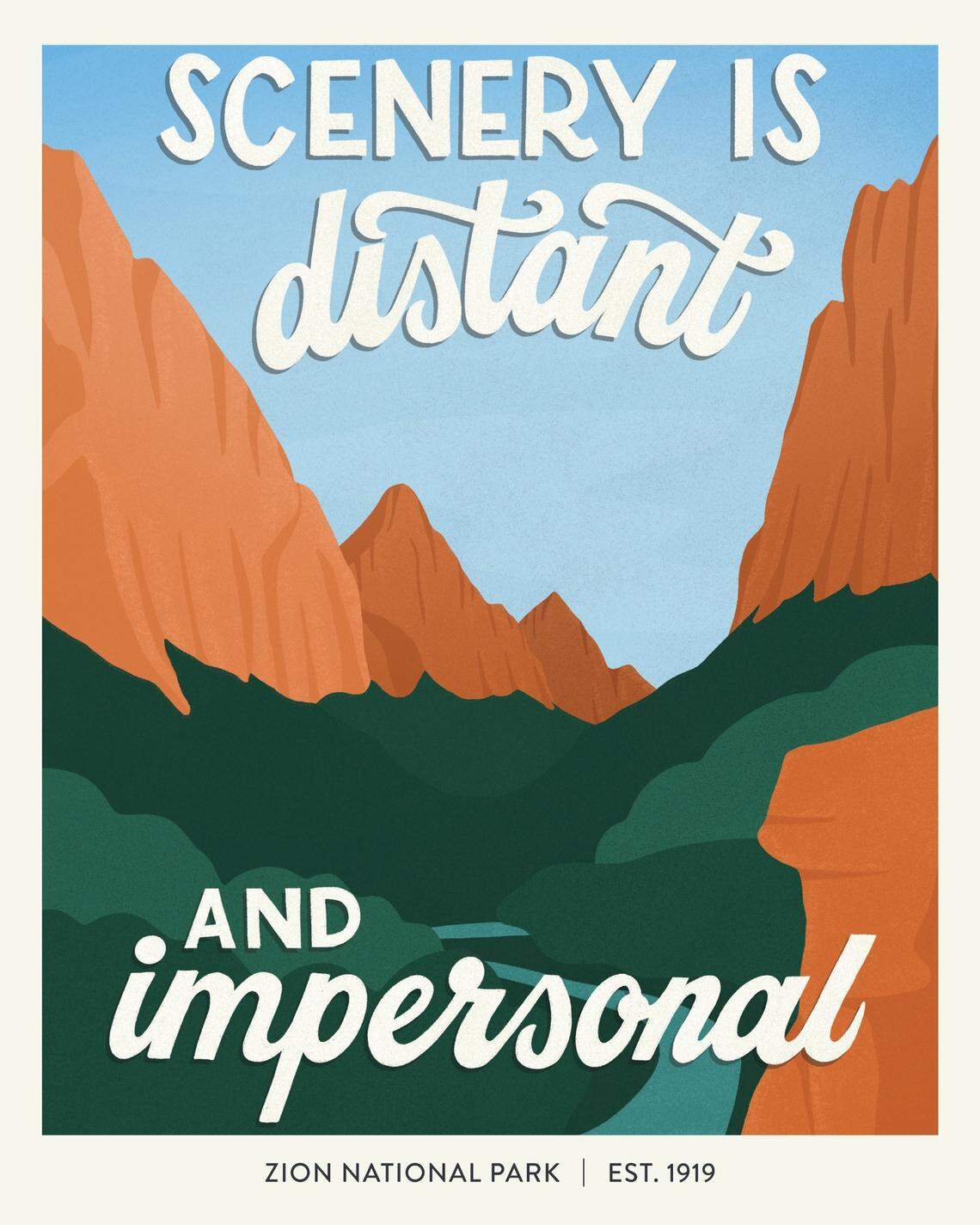 Amber Share of Raleigh illustrates national parks and their bad 1-star reviews — in the style of posters you might find at a souvenir shop. They have appeared on her Instagram, Sub Par Parks, including this one of Zion National Park in Utah. Now they’re in a book, “Subpar Parks.”