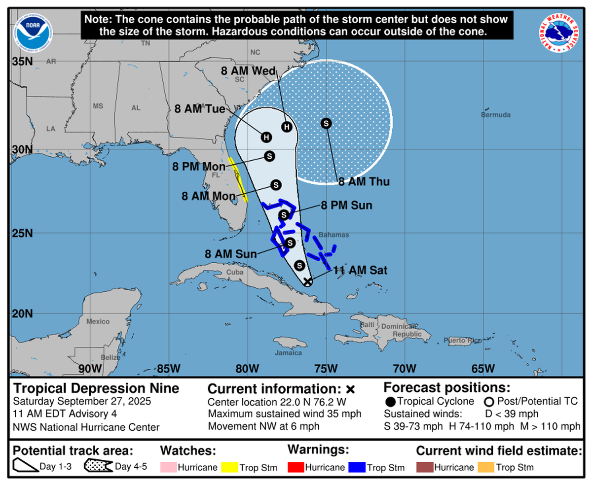 The National Hurricane Center’s forecast for the tropical depression that could become Hurricane Imelda now shows the center of the storm stopping short of landfall in the Carolinas. The expected track as of 11 a.m. Saturday, Sept. 27.