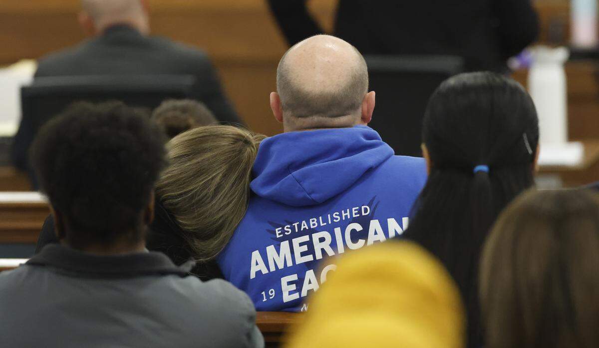 Lyric Woods’ mother Elizabeth Cannada and stepfather Shane Cannada listen during the trial of Issiah Ross at the Orange County Courthouse in Hillsborough, N.C. on Wednesday, Jan. 28, 2026. Ross is accused of fatally shooting Woods and Devin Clark in 2022.