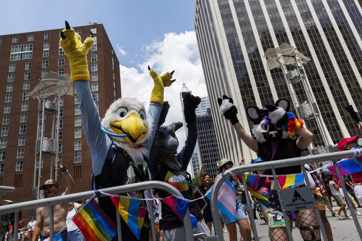 Festival-goers in fursuit costumes danced near the stage on Fayetteville St. at Out! Raleigh Pride on Saturday.