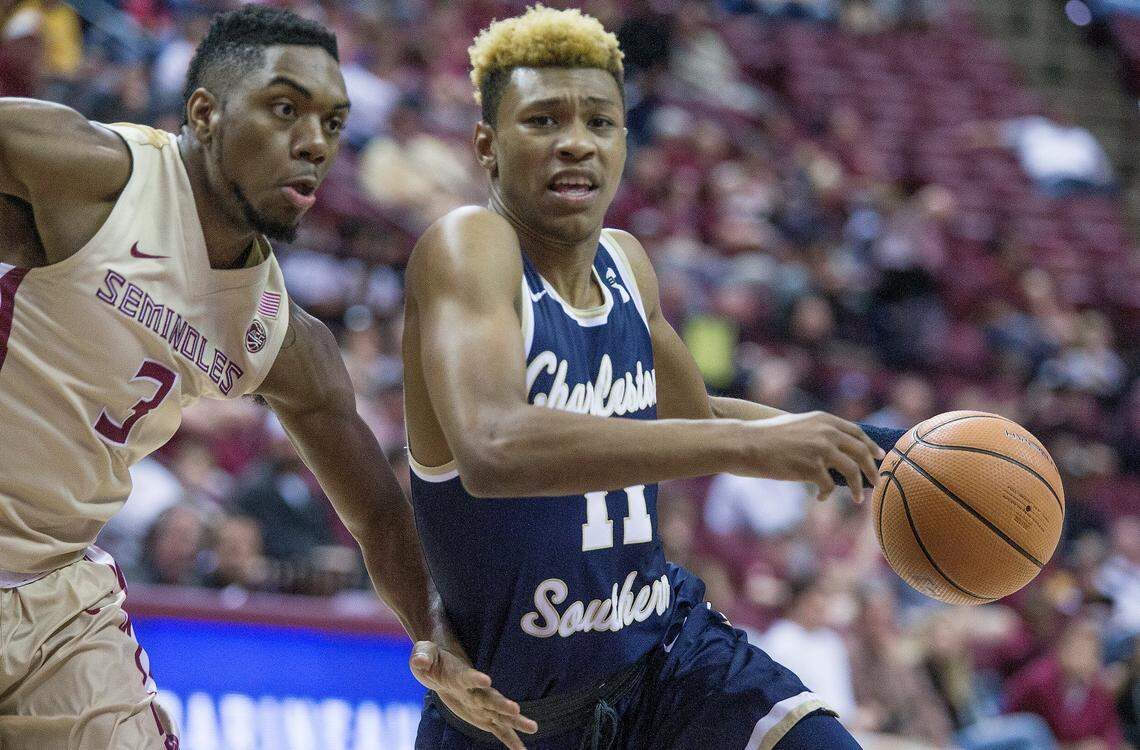 Charleston Southern guard Christian Keeling drives against Florida State Trent Forrest in the first half of an NCAA college basketball game in Tallahassee, Fla., Monday, Dec. 18, 2017.