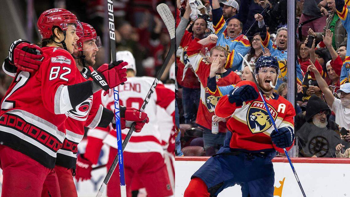 Carolina Hurricanes’ Stefan Noesen (23) embraces teammate Jesperi Kotkaniemi (82) after a Noesen goal against Detroit. The Florida Panthers Matthew Tkachuk (19) celebrates after scoring against Boston. Photos by Robert Willett and Matias J. Ocner