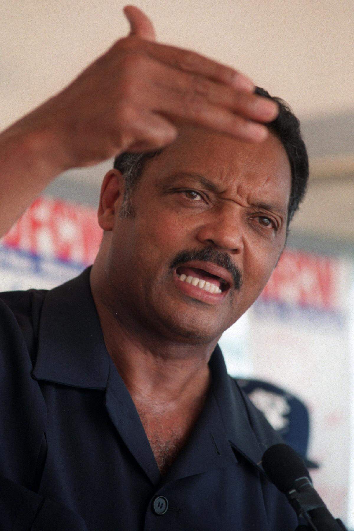 Jesse Jackson makes a point during a speech at a rally held in Tar Heel, N.C. in 1997 to support the United Food and Commercial Workers effort to unionize the Carolina Food Processors plant in town.  