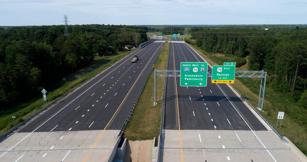 The Durham East End Connector, looking towards U.S. 70, photographed Tuesday, June 28, 2022. The 1.25 miles of highway connects the Durham Freeway with U.S. 70, creating a new bypass on the east side of town known as Interstate 885.