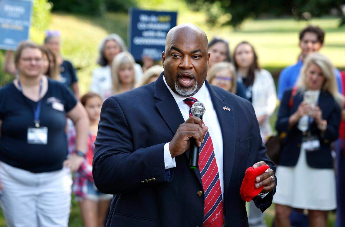 Republican Lt. Gov. Mark Robinson, who is running for governor, speaks at a Moms for Liberty rally outside the Legislative Building in Raleigh, N.C., Wednesday, June 12, 2024.