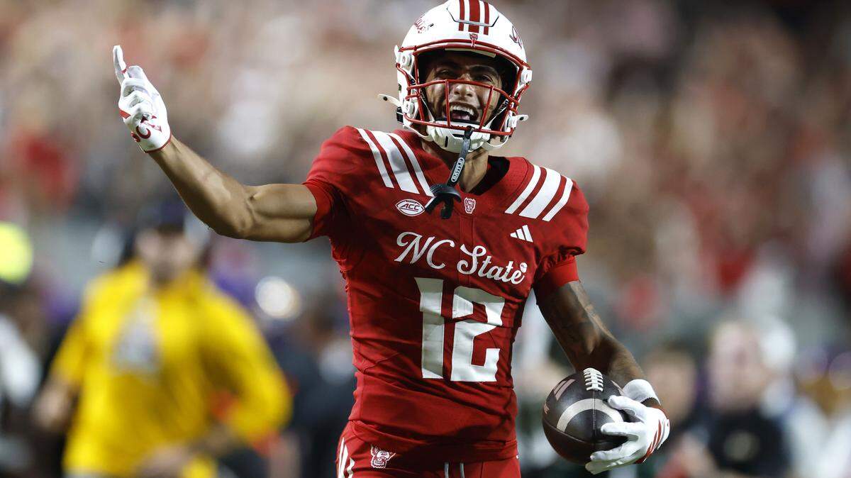 N.C. State wide receiver Teddy Hoffmann (12) celebrates a reception during the second half of N.C. State’s 24-17 victory over ECU at Carter-Finley Stadium in Raleigh, N.C., Thursday, August 28, 2025.