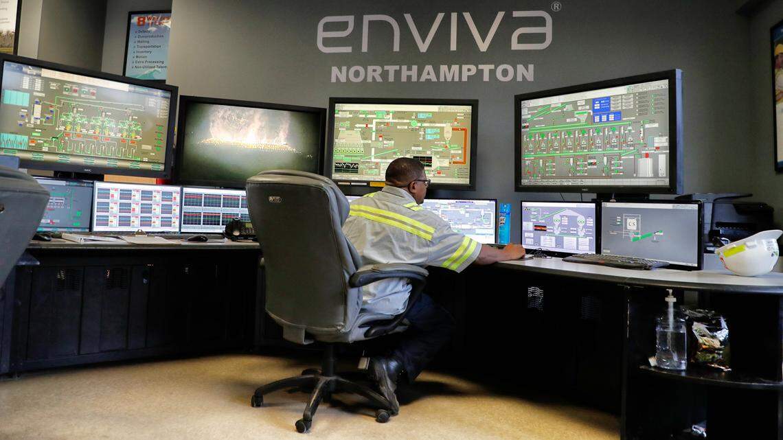 Franklin Taylor works in a computerized control center at the Enviva plant in Northampton, N.C. Tuesday, Sept. 3, 2019. Enviva is the country’s largest producer of wood pellets.