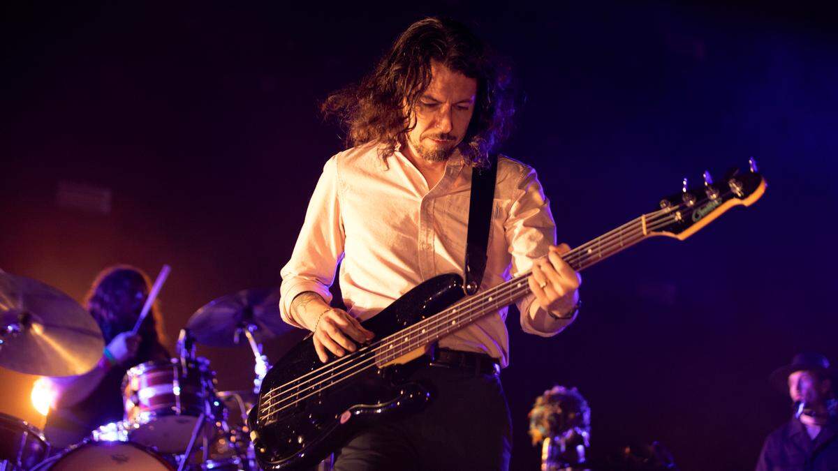 My Morning Jacket bassist Tom Blankenship in concert at Raleigh, N.C.’s Coastal Credit Union Music Park at Walnut Creek, Saturday night, Sept. 28, 2024.