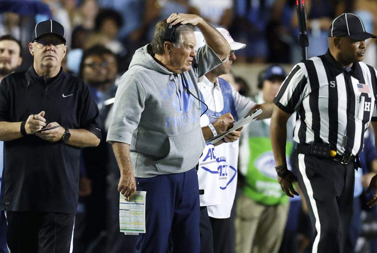 North Carolina head coach Bill Belichick reacts after the Tar Heels were called for a penalty during the first half of UNC’s game against TCU at Kenan Stadium in Chapel Hill, N.C., Monday, Sept. 1, 2025.