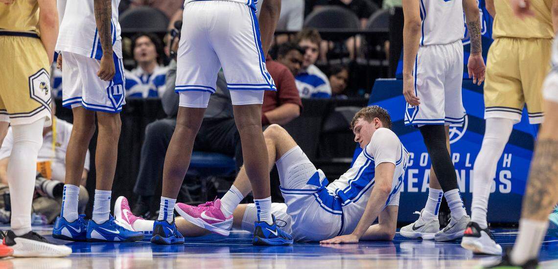 Duke’s Cooper Flagg (2) injured his left foot, ankle in first half against Georgia Tech on Thursday, March 13, 2025 during the quarterfinals of the ACC Tournament at Spectrum Center in Charlotte, N.C.
