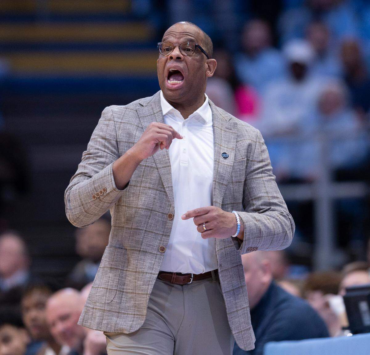 North Carolina coach Hubert Davis directs his team during the first half against Louisville on Wednesday, January 17, 2024 at the Smith Center in. Chapel Hill, N.C.