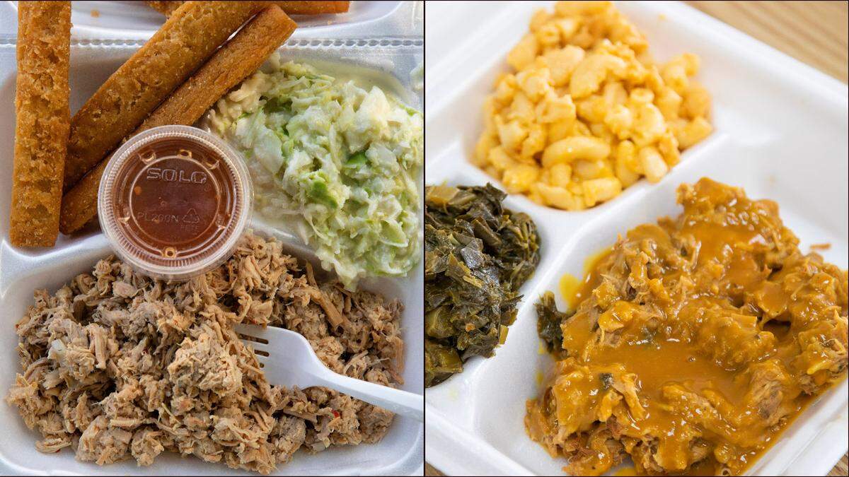 A barbecue plate at B’s in Greenville, N.C. features chopped pork, slaw, corn sticks, and vinegar-based sauce, left, and a plate of pulled pork in mustard sauce, collard greens and macaroni and cheese at Big T Bar-B-Que in Columbia, S.C.