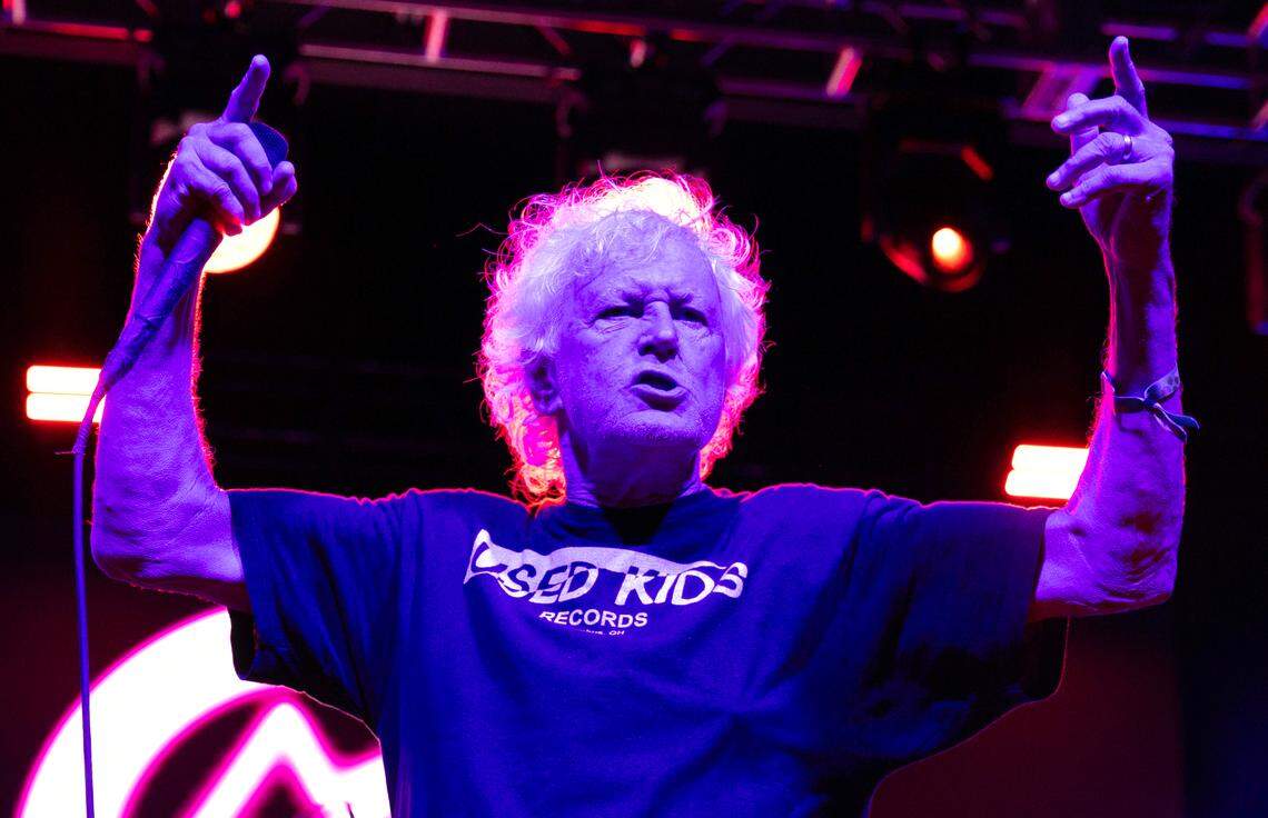 Robert Pollard, lead singer of Guided By Voices works the crowd on the final night of the 2024 Hopscotch Music Festival in Raleigh, N.C., Saturday, Sept. 7, 2024.