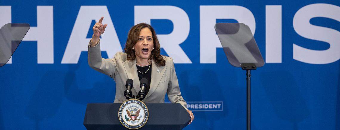 Vice President Kamala Harris delivers remarks during a campaign stop at Westover High School on Thursday, July 18, 2024 in Fayetteville, N.C.