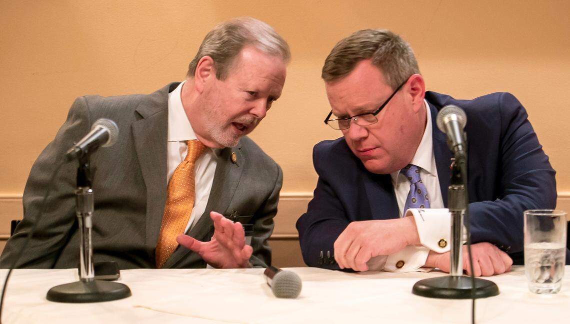 North Carolina Republican leaders, Sen. Phil Berger, left, and House Speaker Tim Moore, right, in early 2023.