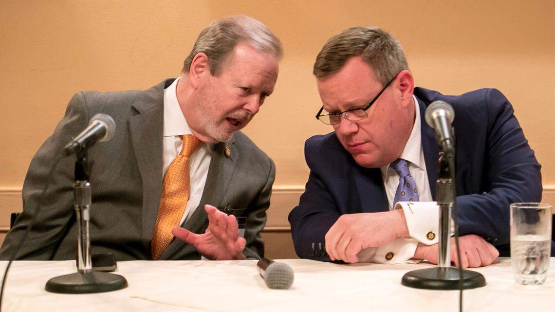 Senator Phil Berger talks with House Speaker Tim Moore prior to a forum sponsored by NCInsider at Caffe Luna on Wednesday January 25, 2023 in Raleigh, N.C.