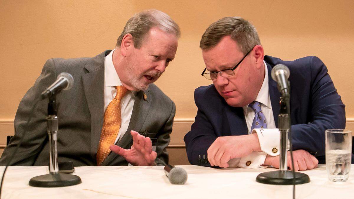 Senator Phil Berger talks with House Speaker Tim Moore prior to a forum sponsored by NCInsider at Cafe Luna on Wednesday January 25, 2023 in Raleigh, N.C. Berger and Moore covered a wide range of topics from Medicare expansion to medical marijuana and redistricting.