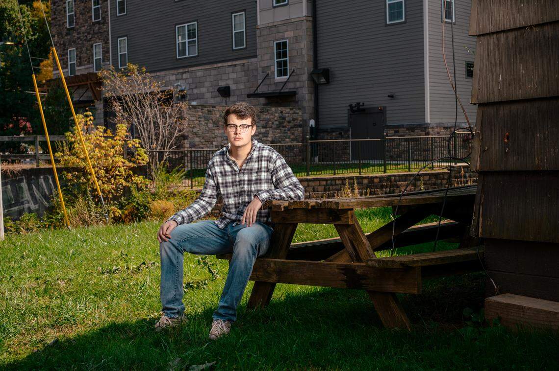 Chase Sturgis, 21, a student at Appalachian State University, outside of his apartment complex in Boone, N.C., on Sunday, Oct. 4, 2020. He sees unnerving similarities between himself and Chad Dorrill, a fellow student who died of suspected coronavirus complications.