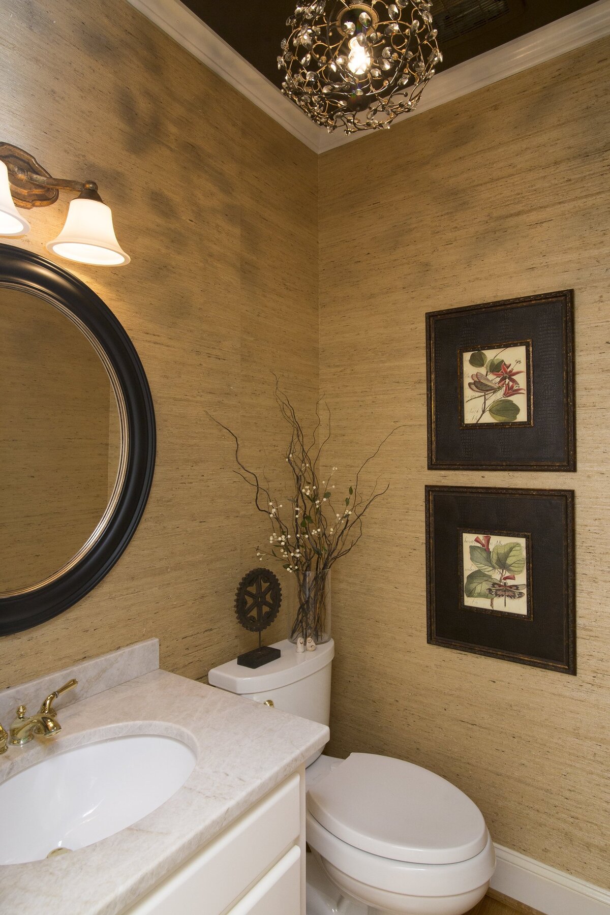 This beautiful grass cloth is by Philip Jeffries. Itâ€™s a classy vibe, but when adding a Sherwin Williams faux ceiling pared with an attractive chandelier the results are incredible. 