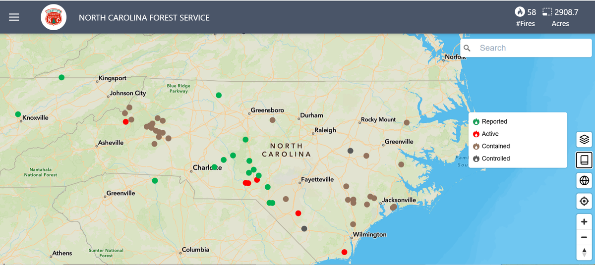 As of May 6, 2025, More than 4,000 wildfires have burned across more than 24,000 acres of forest land in North Carolina. The N.C. Forest Service’s Wildfire Public Viewer tracks the fires and is updated as fires are controlled or contained.