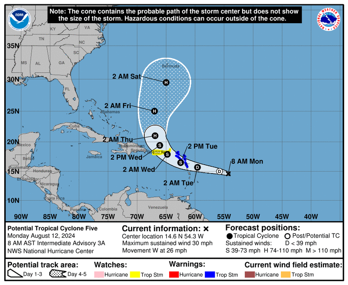 A disturbance in the Atlantic will likely become Ernesto, the fifth named storm of the Atlantic Hurricane Season, by Tuesday. The National Hurricane Center says the storm most likely will turn and stay well off the U.S. coast.