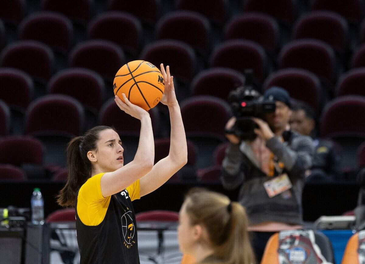 Iowa’s Caitlin Clark puts up a shot during practice at Rocket Mortgage FieldHouse on Thursday, April 4, 2024, in Cleveland, Ohio. The Hawkeyes will face UConn in the Final Four on Friday.