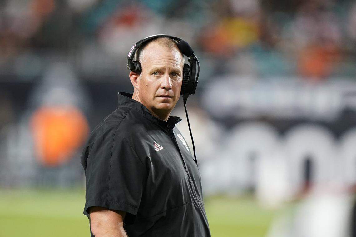 North Carolina State head coach Dave Doeren is shown during the first half of an NCAA college football game against Miami, Saturday, Oct. 23, 2021, in Miami Gardens, Fla. (AP Photo/Wilfredo Lee)