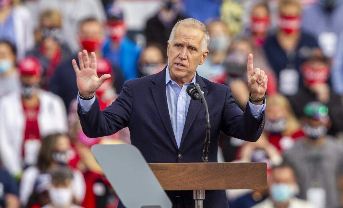 U.S. Sen. Thom Tillis speaks during a campaign rally for President Donald Trump at the Fayetteville Regional Airport Saturday, Sept. 19, 2020. 